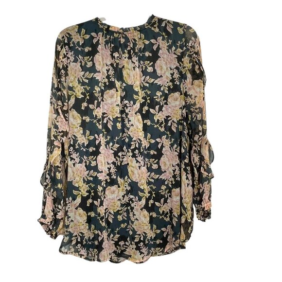 Lauren Conrad Ruffle Sleeve Floral Blouse 2X | Black Pink Romantic Chiffon Top - Picture 4 of 16